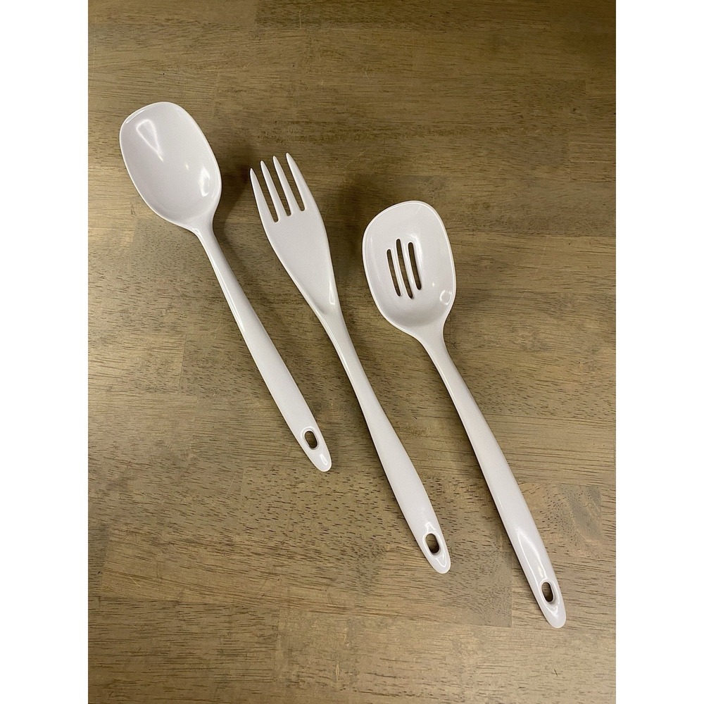 Vintage Melamine Ware White 12" Spoon, Slotted Spoon, & Fork Kitchen Utensil